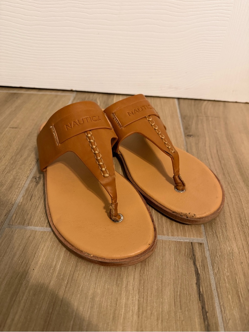 Nautica Cognac Leather Braided Thong Sandals